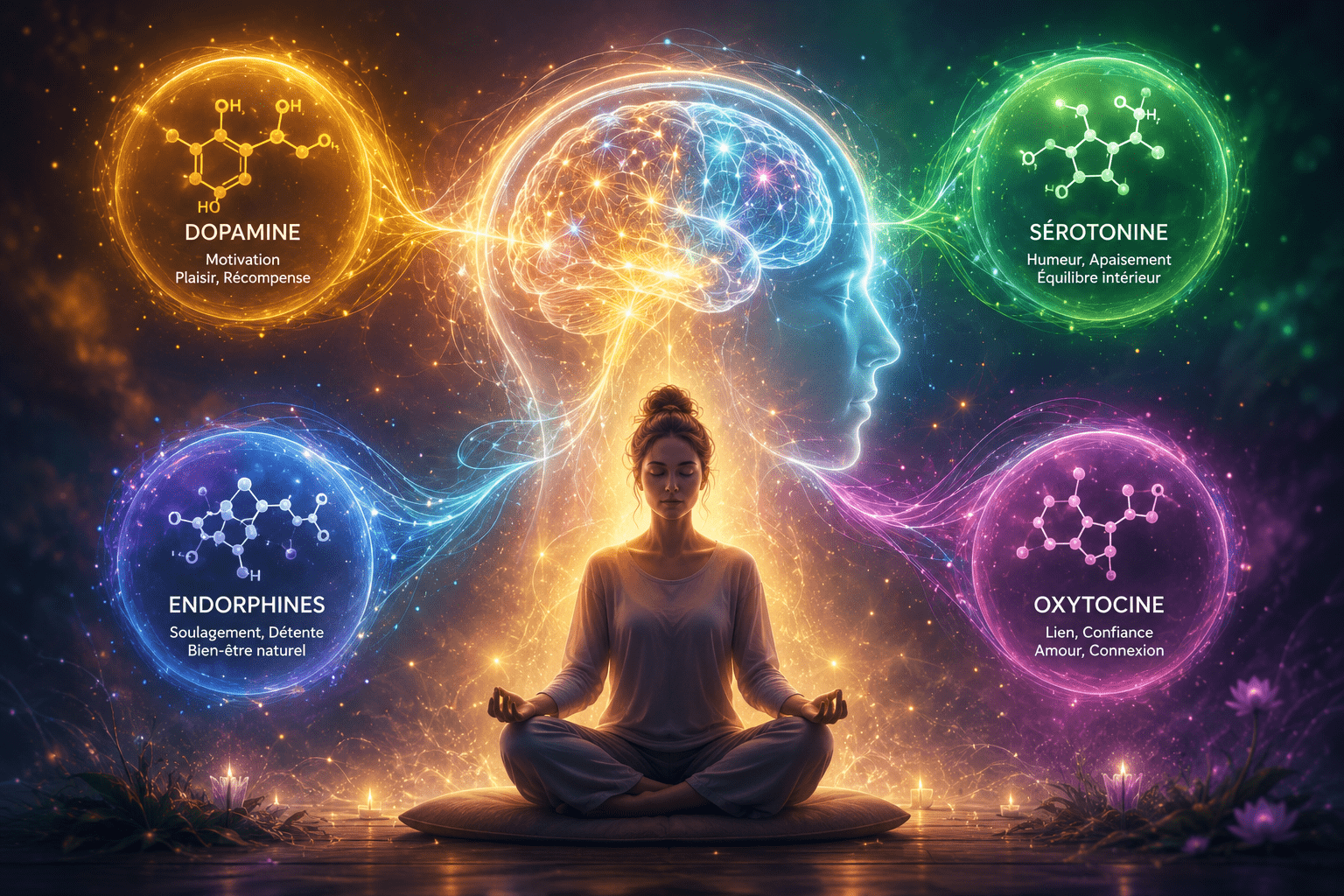 Dopamine, sérotonine, endorphines et ocytocine associées à la méditation